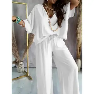 Fashion 2025 Solid Color Pants Set, Half Sleeve V-neck and Wide Leg Set, Women's Fabric Women's Wear Set, Comfortable Pants