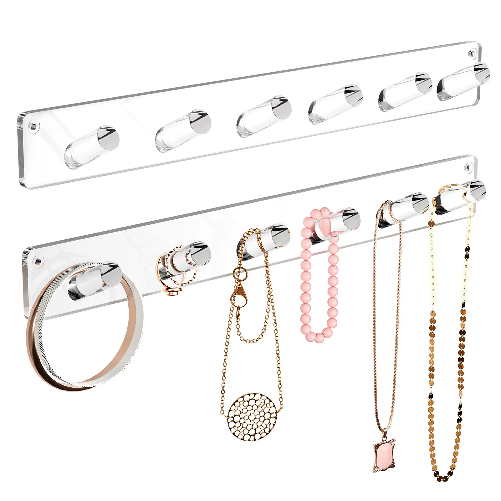 MaxGear Wall-Mounted Acrylic 2-Piece Necklace Holder Set, Home Organizer with 12 Hooks, 11.4" w x 1" d Easy Installation, Tangle-Free Jewelry Display for Bathroom/Vanity & Bedroom Home Decor