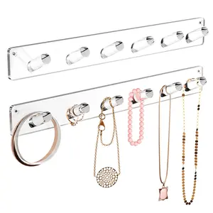 MaxGear Clear Acrylic Necklace Holder 2-Pack, Wall Mounted Jewelry Organizer with 12 Hooks, Tangle-Free Display for Necklace, Bracelet, Bangles, Ring, Perfect for Bathroom, Vanity, Closet Door