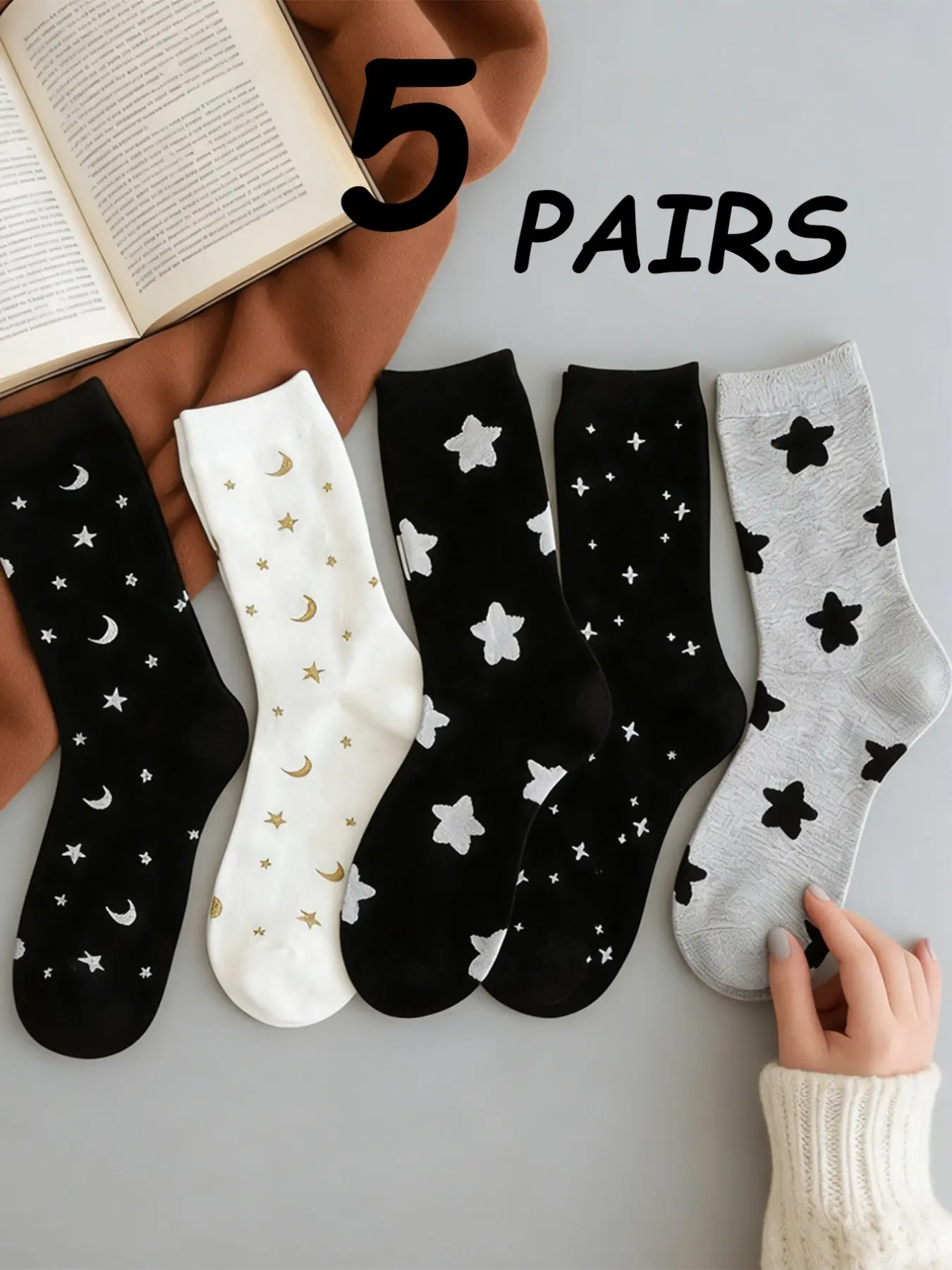 5 Pairs Star Moon Theme Print Women's Mid-Calf Socks, Fashionable, Cute and Comfortable Footwear, Perfect for Daily Wear and Special Occasions, Casual Socks, Socks Set