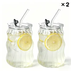 500ml Insulated Wavy Ribbed Clear Glass Tumbler, Kitchenware Drinkware with Leakproof Lid & Matching Straw, Durable for Iced Coffee & Home/Café Daily Use