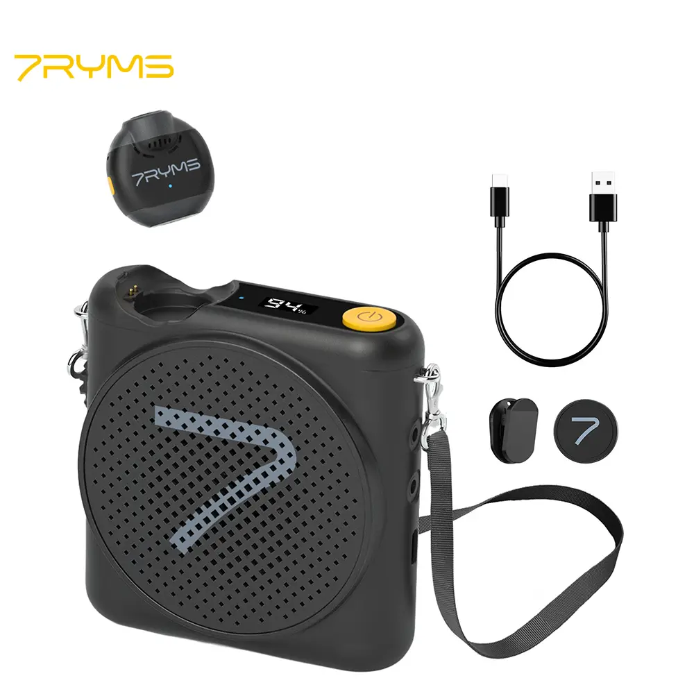 7RYMS WA2 Mini Portable Voice Amplifier with 2.4G Wireless Lavalier Microphone, Bluetooth, AUX Support, External Mic Port, Noise Reduction, Magnetic Charging for Computers, Teaching Guides