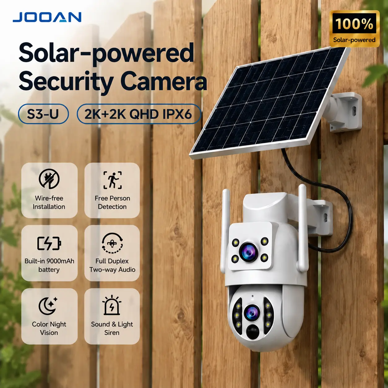 JOOAN Dual Lens Solar  Camera Outdoor, 2K+2K QHD IPX6  Wireless 360° Panoramic Surveillance Camera, 9000mAh Battery, 2.4GHz WiFi, Full Color Night Vision,  Waterproof, Two-Way Audio, Smart Home Outdoor  Camera, Safety, Monitoring
