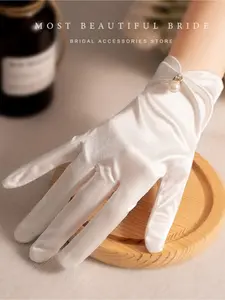 New French Hepburn style short pearl satin bridal gloves personalized white gloves princess style photo props