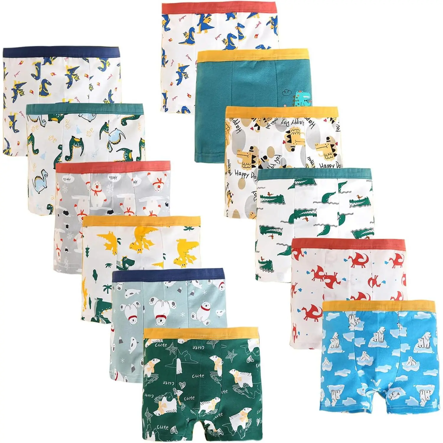 KF5-UWA12 Boys Cotton Boxer Briefs Dinosaur Polar Bear Toddler Kids Underwear 12 Pack, 1-13 Years, Graphic, 1-3T, 3-5T, All Season Underwear, Toddler Boxers