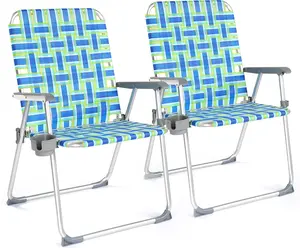 VINGLI Folding Aluminum Webbed Oversized/Standard Lawn Chairs with Detachable Cup Holder, 300LBS High Beach Chair for Adults Heavy Duty, Portable Patio Chair for Yard, Garden,