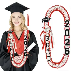 Class of 2026 Graduation Lei, Double Braided Ribbon Necklace with Grad Letters & Cap Patch Party Accessory