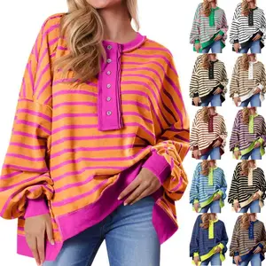 Women's oversized striped sports shirt, color blocked casual pullover, waffle knit top
