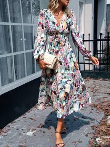 Women's All Over Floral Print Shirred V Neck A Line Long Sleeve Dress, Elegant Boho Bohemian Bishop Sleeve Midi Dress for Fall & Winter, Women's Clothing for Vacation Holiday Party