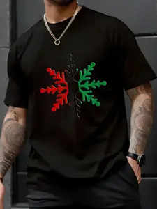 Unisex 100% Cotton Red & Green Kinara Striped Snowflake Kwanzaa T-Shirt, Spring/Autumn Christmas Snowflake Fun Pattern Men’s Tee