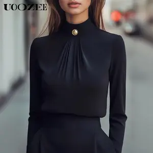 UOOZEE Women's Formal T-shirt Zipper Solid Color Classic Officewear, Stang Neck Long Sleeve Metal Button Pleated Solid Pullovers(One Size Up Recommended for C - Cup and Above)