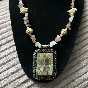 abalone Pendant Seashell Rose Quartz Natural Gemstone  Necklace Handmade One of a Kind with Unique Beads and Centerpiece Glass beads