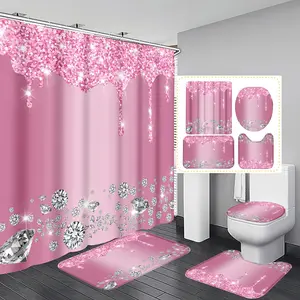 Diamond Glitter Bathroom Curtain Set, Polyester Insulated Home Decor, Includes 12 Hooks, Bath Mat, U-Shaped Pad, Round Toilet Cover Pad