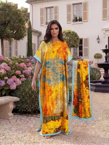 Fashionable Simple Landscape Print Robe Set, Moombi Long Dress + Long Headscarf Scarf Hairband, Women's Beach Sun Protection Silk Scarf Shawl