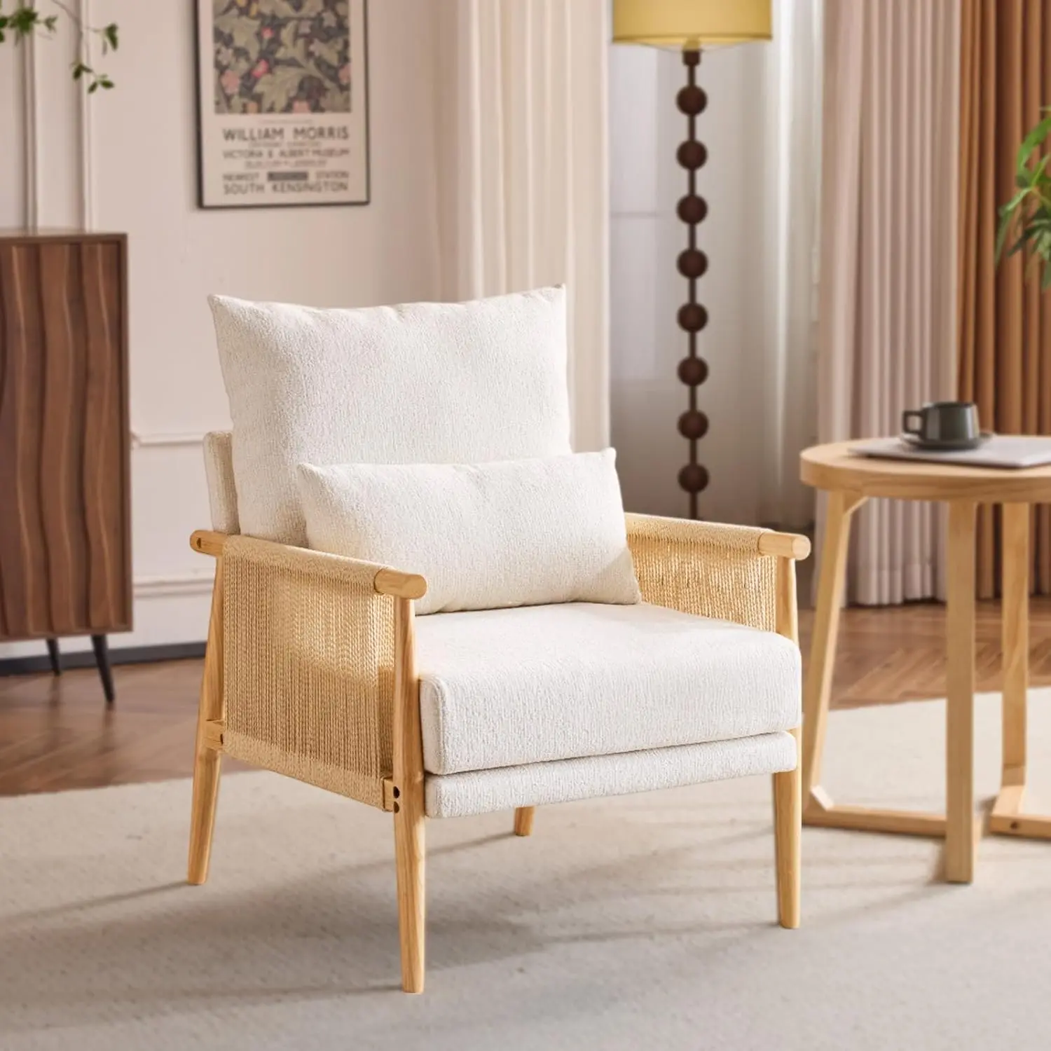VINGLI Braid Accent Chair,Mid-Century Modern Armchiar with Solid Wooden Armrest,Comfy Louge Chair with Waist Pillow for Bedroom,Living Room,Reading Room