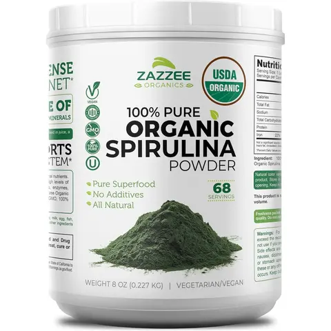 Zazzee USDA Organic Spirulina Powder - 100% Pure Green Superfood Powder for Wellness Regimen - Vegan Plant Based Protein Component for Smoothies and Juices - Non GMO Non Irradiated Kosher Certified Clean Formula - 8 Ounces Mess Free Wide Mouth Container