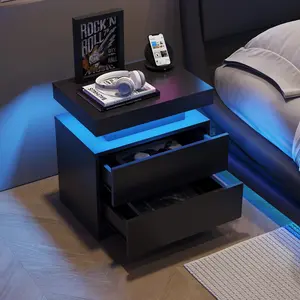 Modern Bedside Table Cabinet with LED Lights and 2 Drawers for Bedroom (Black)