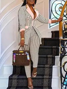 2026 Women's Houndstooth Print Blazer Skinny Pants Two-piece Set Elegant Formal Fashion Casual Comfy Daily Outdoor All Seasons Matching, Evening Wear, Year Round, Trendy, Contemporary, Seasonless, Club Style