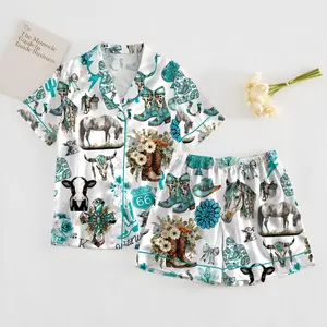 Western Cowgirl Pajama Set, Cowgirl Aesthetic Pajama Satin Set Turquoise Horses, Boots & Cactus Satin Pajamas