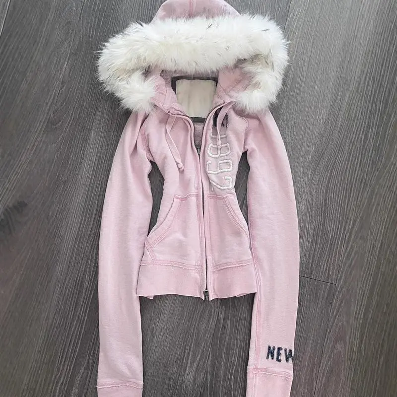 Vintage American Pink Faux Fur Hooded Sweatshirt Cinch Waist  Cropped Sweater Alternative Outerwear