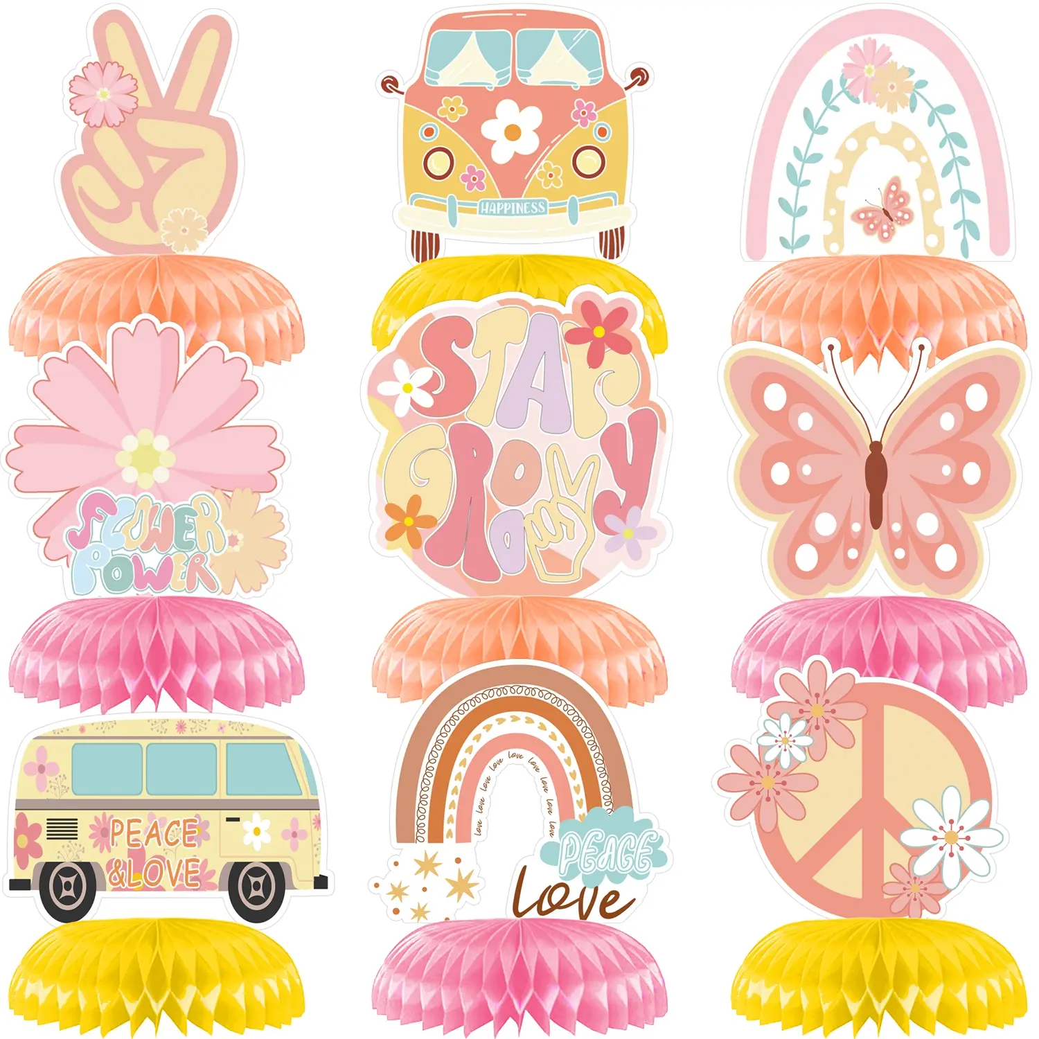 9PCS Groovy Hippie Boho Birthday Decorations Groovy Honeycomb Centerpiece Decorations Two Groovy Party Decorations Boho Daisy Flower Groovy Theme Table Toppers for Birthday Baby Shower Party Supplies