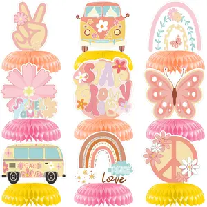 9PCS Groovy Hippie Boho Birthday Decorations Groovy Honeycomb Centerpiece Decorations Two Groovy Party Decorations Boho Daisy Flower Groovy Theme Table Toppers for Birthday Baby Shower Party Supplies