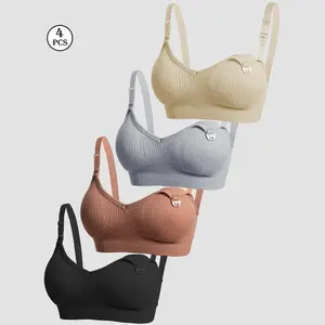 4 Pack Women's Solid Detachable Adjustable Strap Nursing Bra Set, Front-Closure Bra, Soft Comfortable Breathable Pregnancy Maternity Bra, Maternity Clothing, Maternity Lingerie