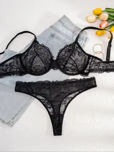 【Plus Size】 Floral Lace Underwire Bra & Sheer Panty Two-piece Set, Bra Sets, Plus Comfy Breathable Underwear Set for Women, Women's Plus Underwear Set for All Seasons