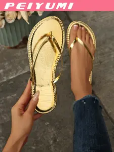 Women's Large Size Flat Sandals, Vacation Style Summer Outdoor Casual Slip-On Slippers, PU Leather Square Toe, Medium Width, Lightweight Sandals