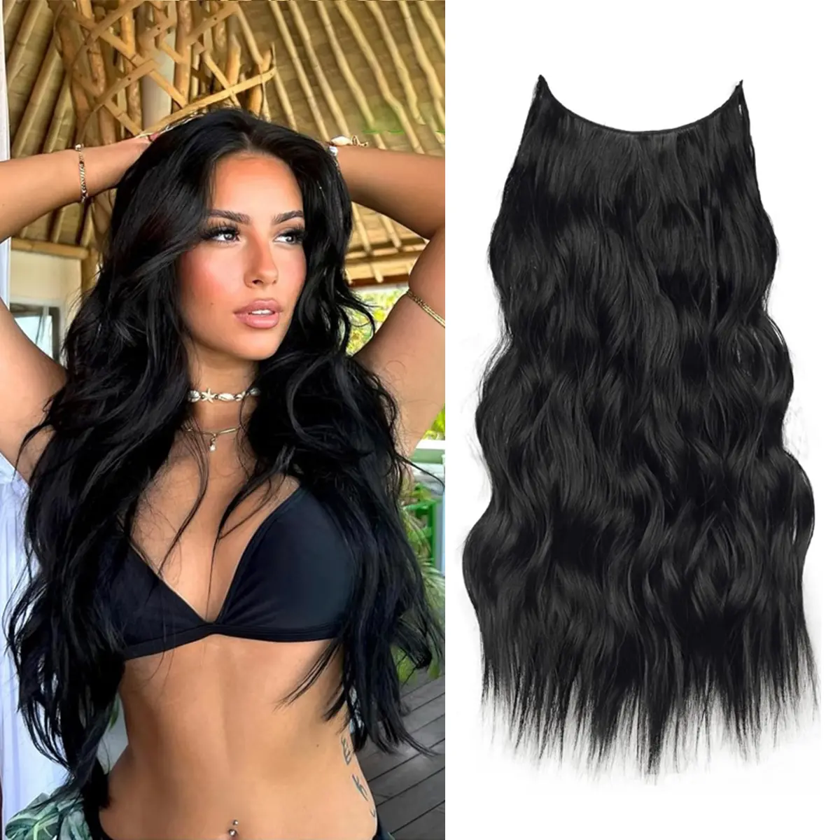 Synthetic 1-Piece Clip-In Hair Extensions - Wavy Texture, Volume Boost Fashion Accessory for Hair Length Enhancement