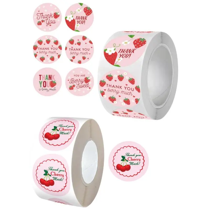 Strawberry & Cherry Pattern Thank You Sticker, 2 Rolls Self Adhesive Sticky Label Sticker, DIY Decorative Sticker for Gift Wrapping, Greeting Card, Water Bottle, Cake, High Adhesive Stickers, Decoration Sticker, Self Adhesive Labels, Includes Sticker