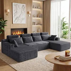 【Father's Day】134-inch Ultra-Large U-Shaped Modular Cream Soft Ribbed Corduroy Deep Seat Cloud Sofa, Convertible Reclining Sectional Couch, Furniture for Sofas Living Room