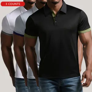 Men's Fashion Casual Short Sleeve Polo Shirts, Athletic Breathable Stretch Fabric, Classic Color Block Collar & Button Detail, Slim Fit for Summer Smart Casual Wear
