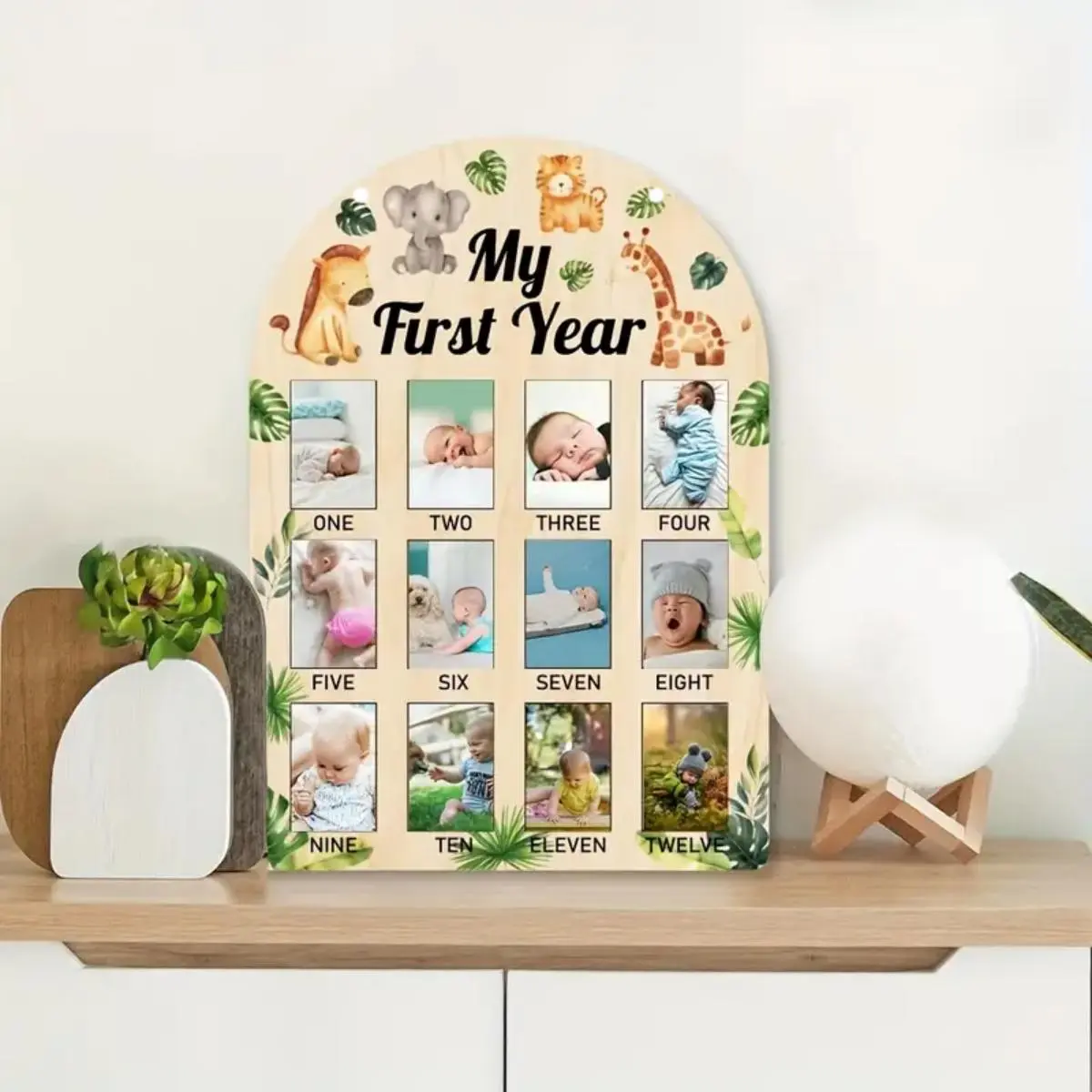 Wooden Baby Photo Display, Forest Animal Pattern Baby Photo Wall Decoration, Photo Frame Wooden Pendant, Picture Frame, Home Decor, Photo Decorations, Home Decor Accessory, Gift for Newborn