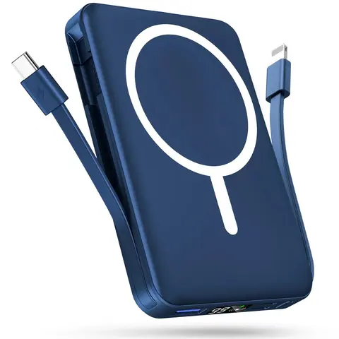 Podoru 10000mAh Silicone Digital Magnetic Power Bank Charger - Compact Portable, 22.5W Wired Boost, 15W Wireless Charging, Built-in Dual Cables, 5-Device Charging, Smart LED % at a Glance, USB-C for Mobile