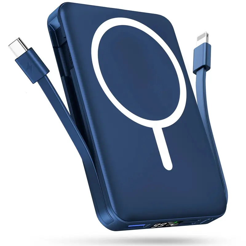 Podoru 10000mAh Silicone Digital Magnetic Power Bank Charger - Compact Portable, 22.5W Wired Boost, 15W Wireless Charging, Built-in Dual Cables, 5-Device Charging, Smart LED % at a Glance, USB-C for Mobile