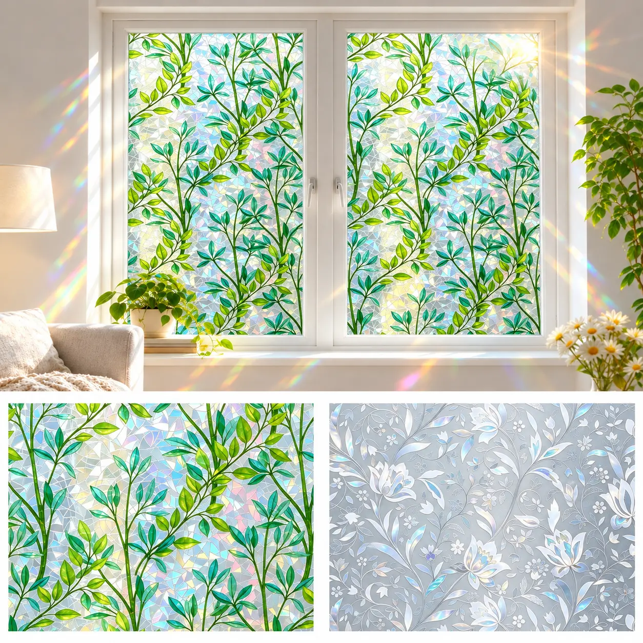 Floral Pattern Window Privacy Film, Privacy Protection & Decorative Design, 1 Count Removable Window Decorative Decal, Easy to Apply, Ideal for Living Room & Bedroom