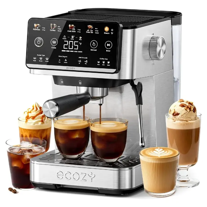 ecozy 4-in-1 Espresso Machine with Milk Frother, LED Touch Screen, 20 Bar Pump Espresso Maker, 50oz Removable Tank, Compact Stainless Steel, Drip Coffee, Cold Brew and Over lce Coffee Machine for Home Coffee Bar, Office, Latte, Cappuccino, Macchiato summe