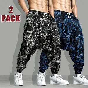 Men's Paisley Baggy Drop Crotch Harem Pants Streetwear Casual Joggers