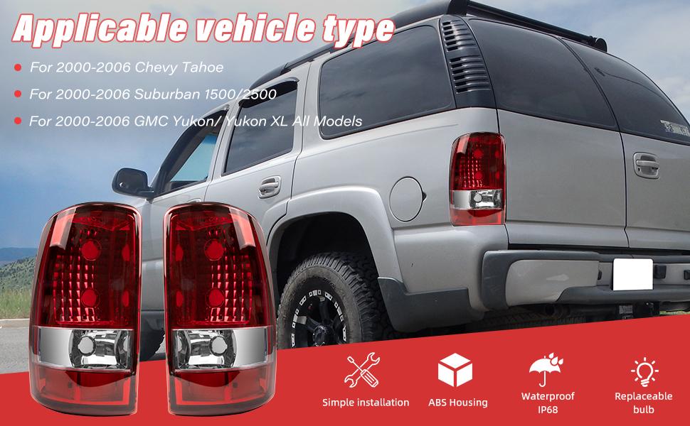 Tail Light Compatible with 2000 2001 2002 2003 2004 2005 2006 Chevy Tahoe GMC Yukon XL Suburban 1500 2500 Rear Lamp Brake Taillights Replacement for GM2819199 GM2801170 Red Housing W/O Bulbs &Harness