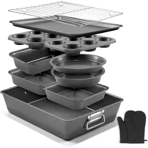 12PCS Nonstick Bakeware Set, Non-Toxic Carbon Steel Baking Pans Set with Wider Grip, Includes Roasting Pan, Cookie Sheet, Cake Pans, Muffin Pans, Cooling Rack, Oven Mitts, Easy Release