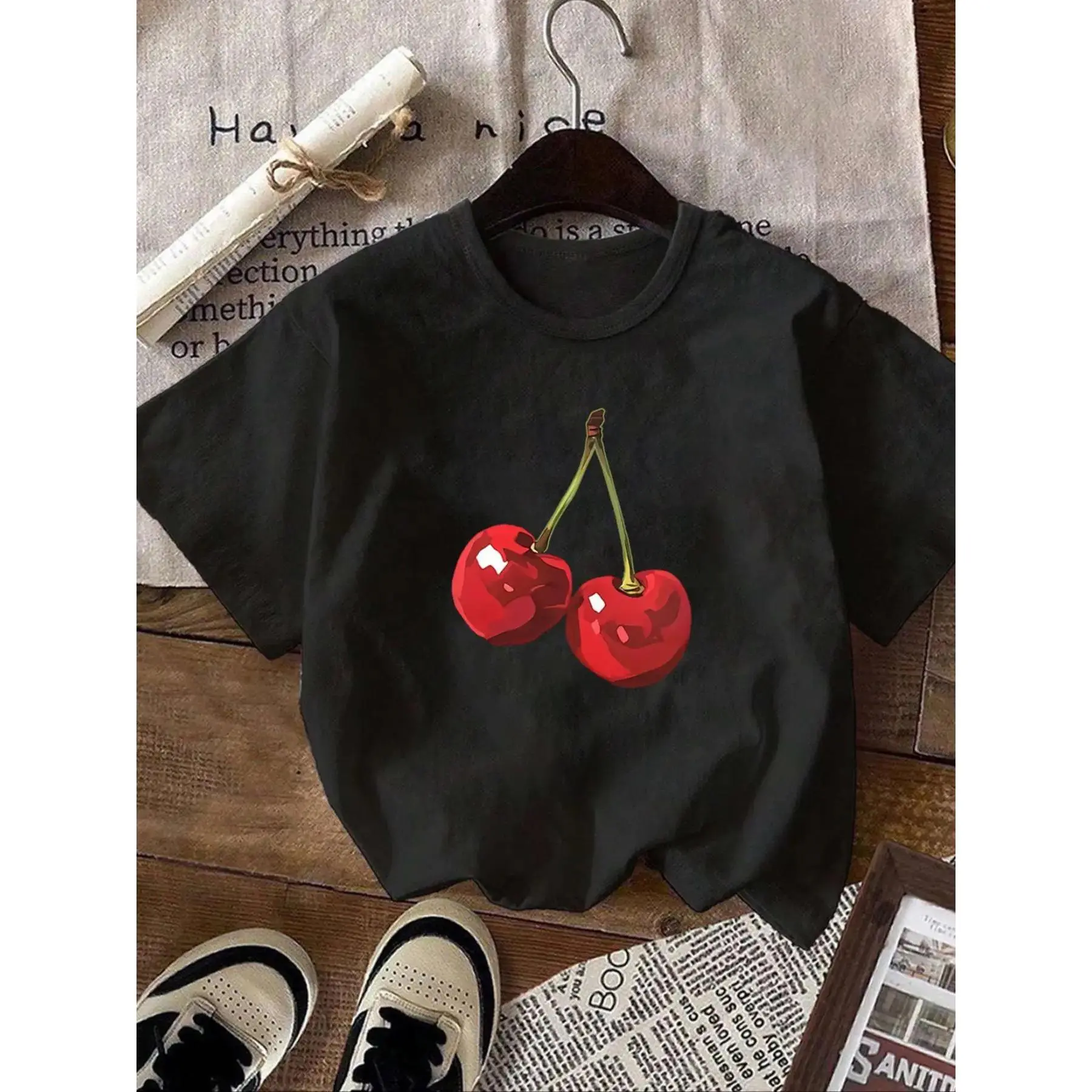 Lady's Casual Cherry Graphic T-Shirt - Comfortable 100% Cotton Crewneck for Outdoor Summer Wear, Shortsleeve, Breathable, Tshirt, Lightweight, Neck Top, Fabric, Party, Printed, Soft, Streetwear, Style, Simple Fit, Leggings