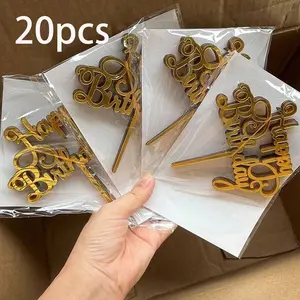 20pcs Happy Birthday Acrylic Cake Toppers, Cake Decorations, Party Supplies, Modern Letter Pattern Mirrored Gold Durable Multifunctional Acrylic Cake Decorations, Birthday Party Decor, Perfect Memento For Family And Friends