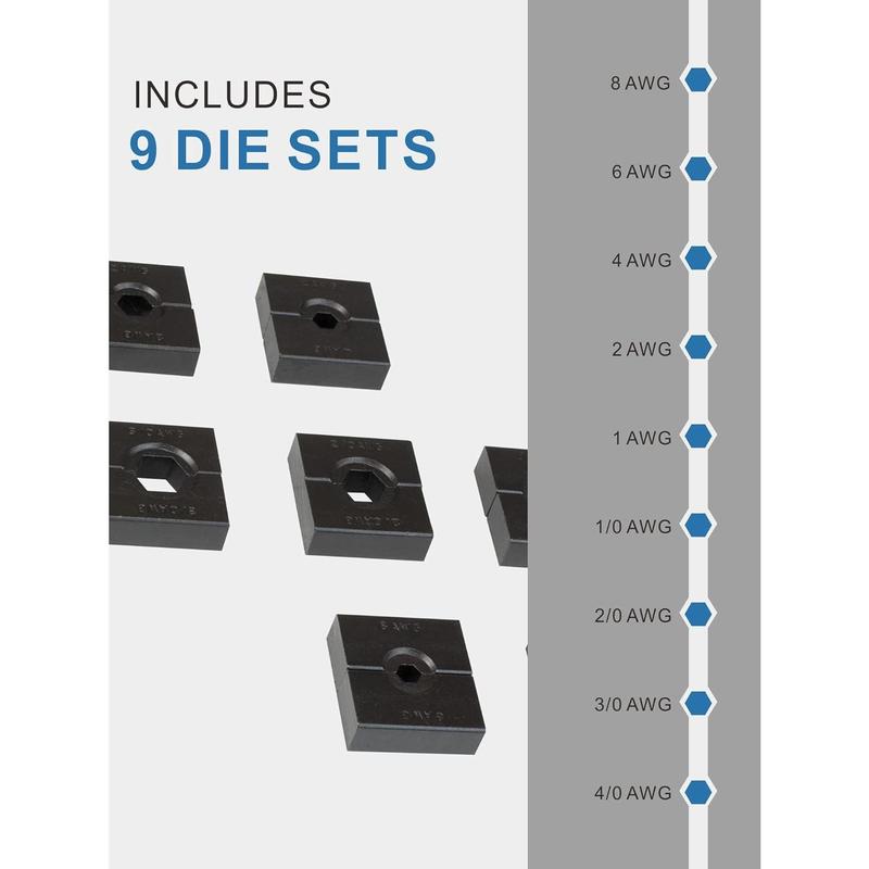 12 Ton Hydraulic Crimping Tool with 9 Standard  Dies, Crimps 8AWG to 4/0 AWG, Hardened Steel Construction with Oxidized Surface for Durability(Standard  8AWG to 4/0AWG)