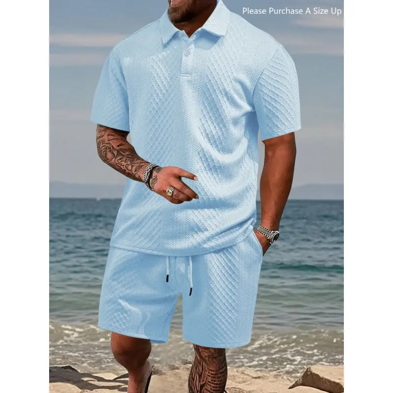 Please Purchase A Size Up.Men's Solid Polo Shirt & Drawstring Waist Shorts Set, Cozy Breathable Two-piece Outfits for Daily Outdoor Wear, Men Clothes for Summer.