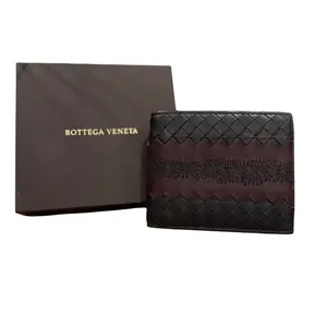 Pre-owned Bottega Leather wallet Veneta Men's Intrecciato Bi Fold Black and Burgundy with box