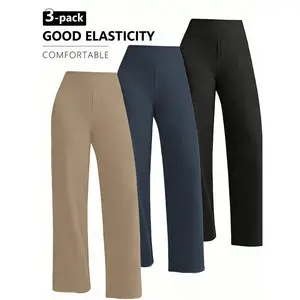 Essential Wide Leg Pants - High Waist Stretchy Trousers With Oversized Pockets For Yoga, Travel & Daily Errands | (Khaki + Grey + Black)