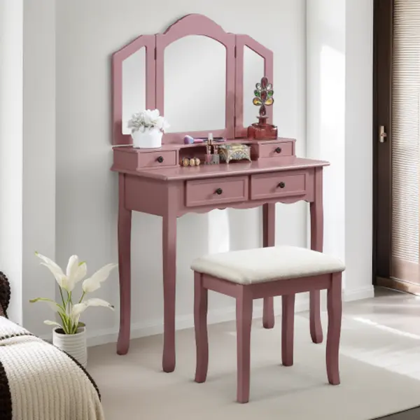 Bellemave Mirrored Makeup Vanity Table and Stool Set - Chic Modern Bedroom Makeup Table with Beveled Glass Built-in Mirror, French-British Tailcoat Joinery, High-Quality Indoor Furniture Decor Accent, Built-In Mirror Makeup Vanities Vanity Makeup Desk