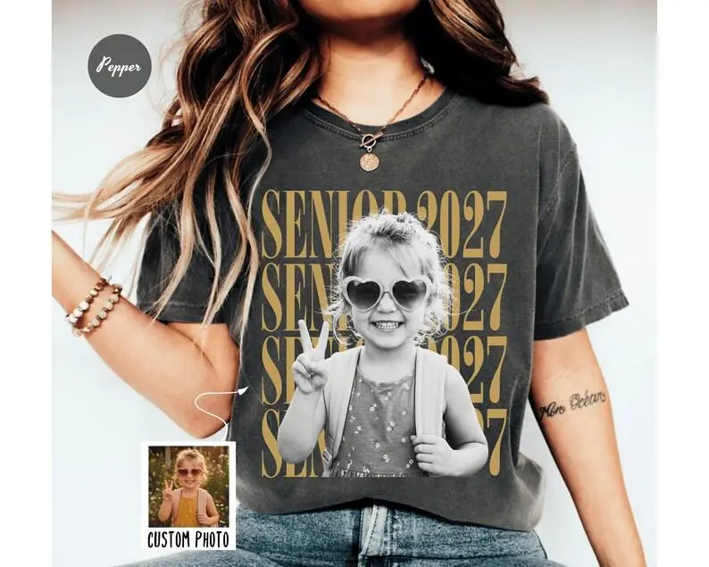 Comfort Colors Personalized Senior Photo T Shirt, Custom Graduate Picture Tee, Vintage Class of 2027 Shirt, Back To School Senior Gift, Custom Graduation Apparel