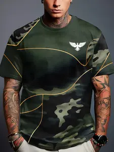 Men's Round Neck 3D Digital Print Camouflage T-Shirt, Sporty Design, Breathable Fabric, Casual Fashion, Comfortable Stretch, All Seasons